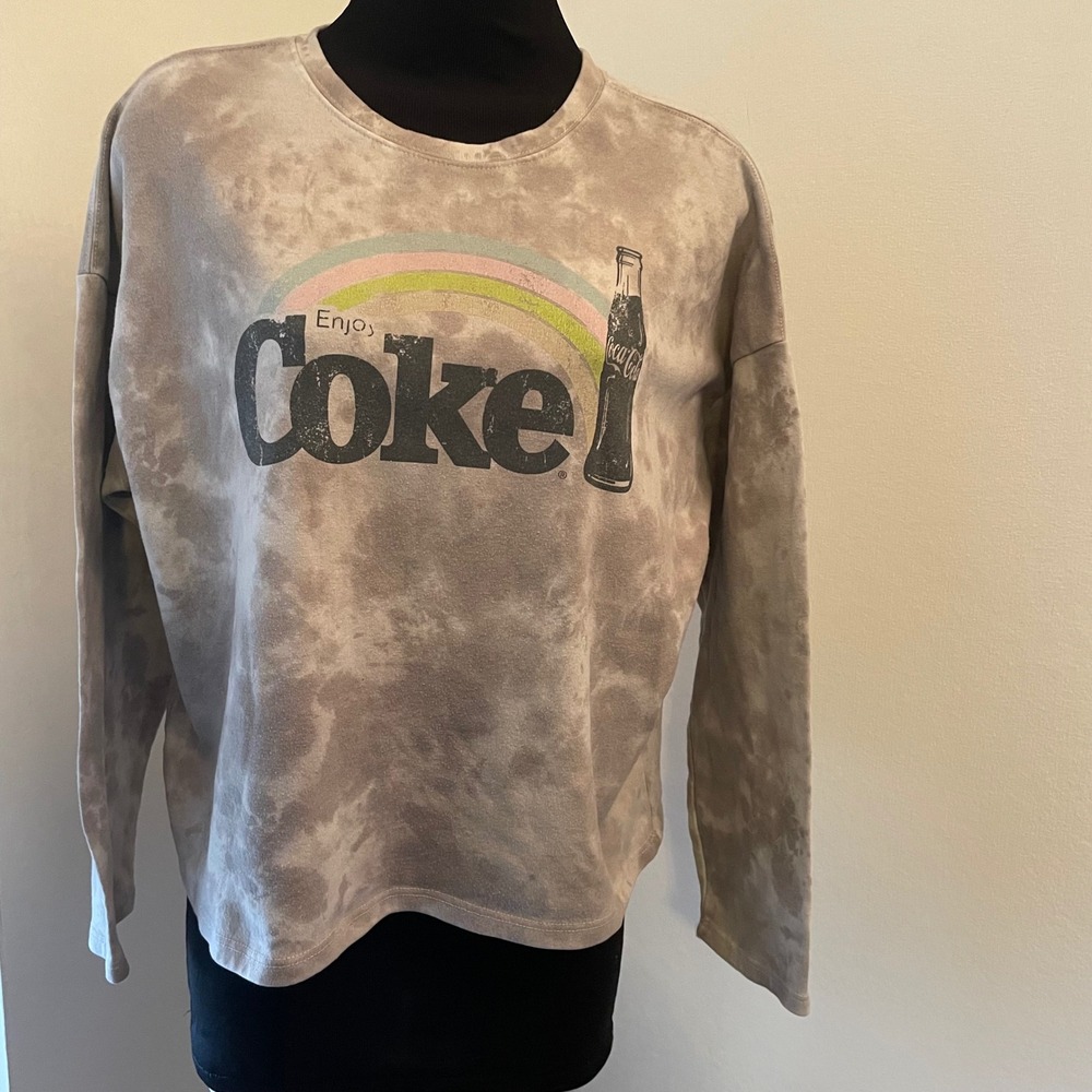 Coca-Cola Womens XS Grey Tie Dye Rainbow‎ Graphic Cropped Sweatshirt Pullover